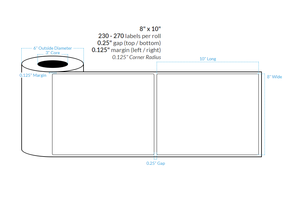 8" x 10" MATTE WHITE Polypropylene BOPP {ROUNDED CORNERS} Roll Labels (3"CORE/6"OD)