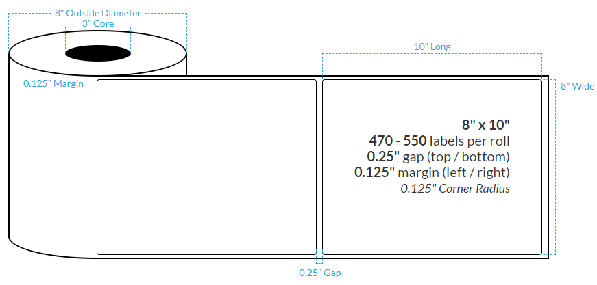 8" X 10" MATTE WHITE Polypropylene BOPP {ROUNDED CORNERS} Roll Labels  (3"CORE/8"OD)