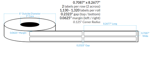 .7087" x 8.2677" HIGH GLOSS WHITE Polypropylene BOPP {ROUNDED CORNERS} Roll Labels  (3"CORE/8"OD)