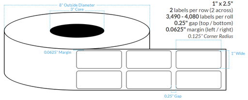 1" X 2.5" PREMIUM HIGH GLOSS WHITE Polypropylene BOPP {ROUNDED CORNERS} Roll Labels  (3"CORE/8"OD)