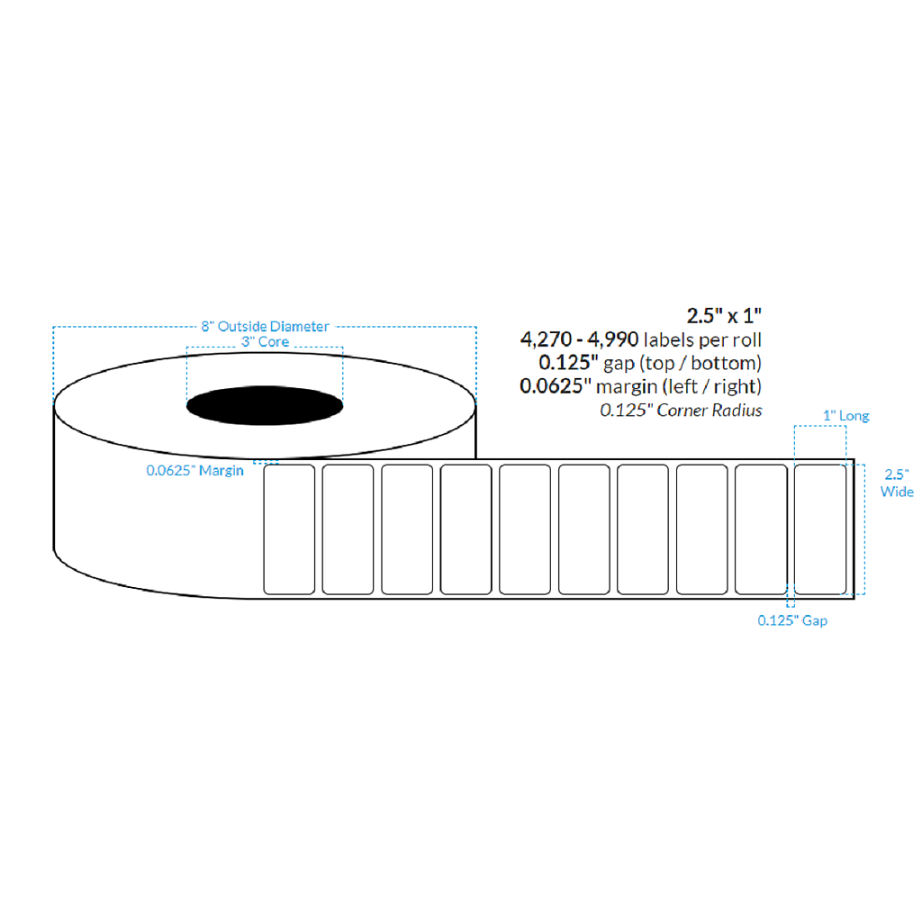 2.5" x 1" PREMIUM GLOSS WHITE Polypropylene BOPP {ROUNDED CORNERS} Roll Labels  (3"CORE/8"OD)