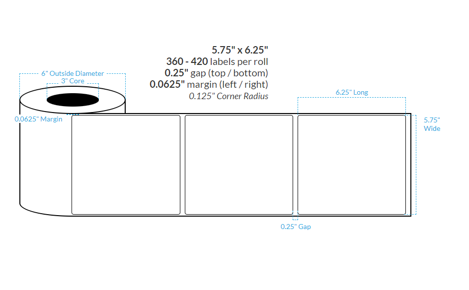 5.75" x 6.25" MATTE WHITE Polypropylene BOPP {ROUNDED CORNERS} Roll Labels  (3"CORE/8"OD)