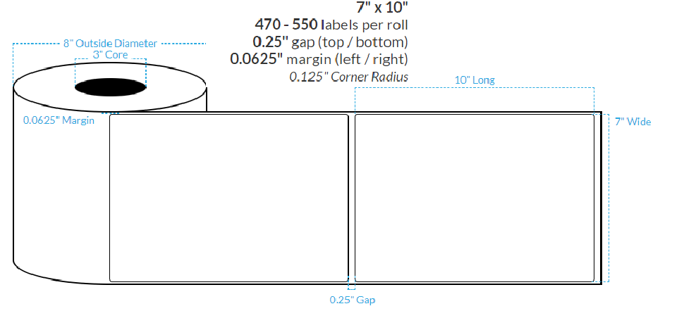 7" x 10" MATTE WHITE Polypropylene BOPP {ROUNDED CORNERS} Roll Labels  (3"CORE/8"OD)