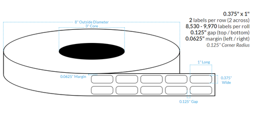 .375" x 1" HIGH GLOSS WHITE Polypropylene BOPP {ROUNDED CORNERS} Roll Labels  (3"CORE/8"OD)