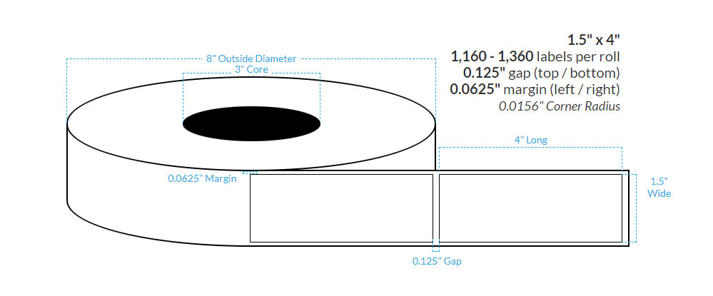 1.5" x 4"  HIGH GLOSS WHITE Polypropylene BOPP {SQUARE CORNERS} Roll Labels (3"CORE/8"OD)