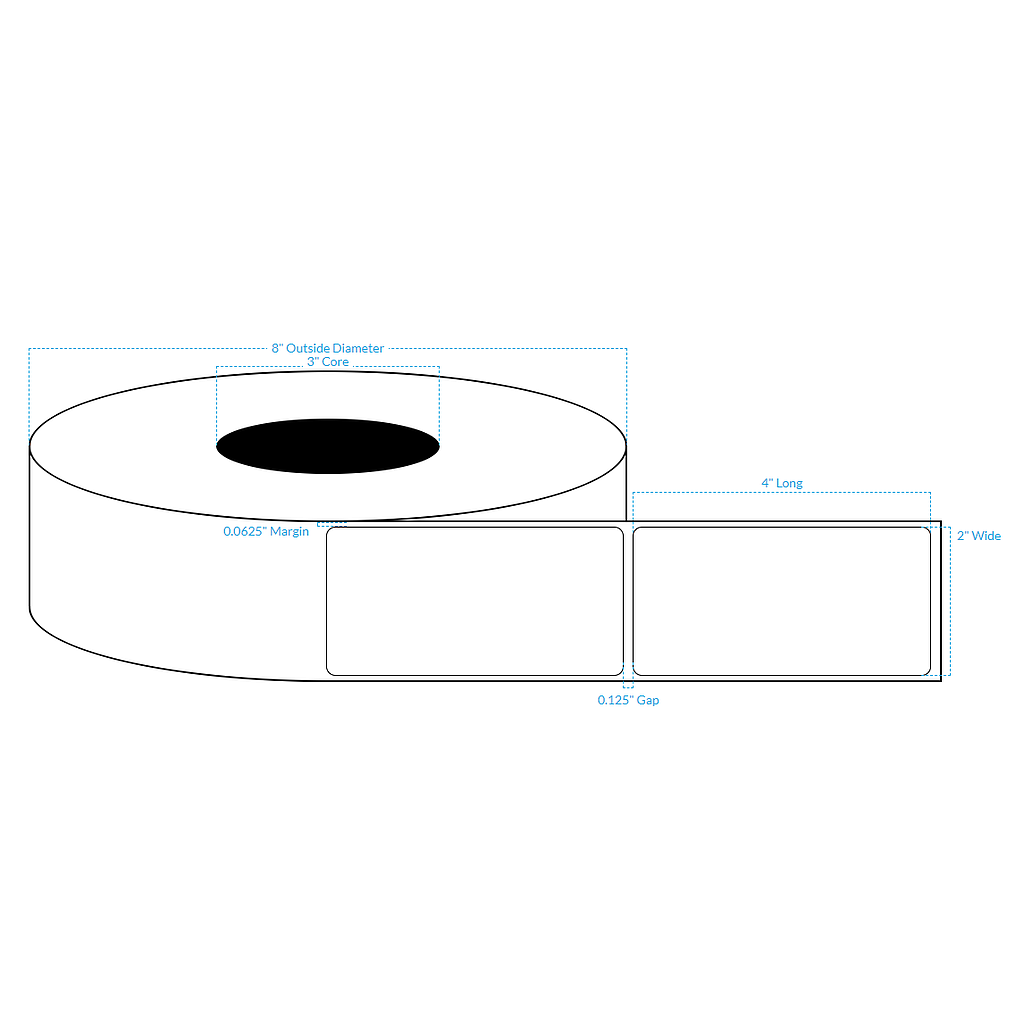 2" x 4" MATTE WHITE Polypropylene BOPP {ROUNDED CORNERS} Roll Labels  (3"CORE/8"OD)