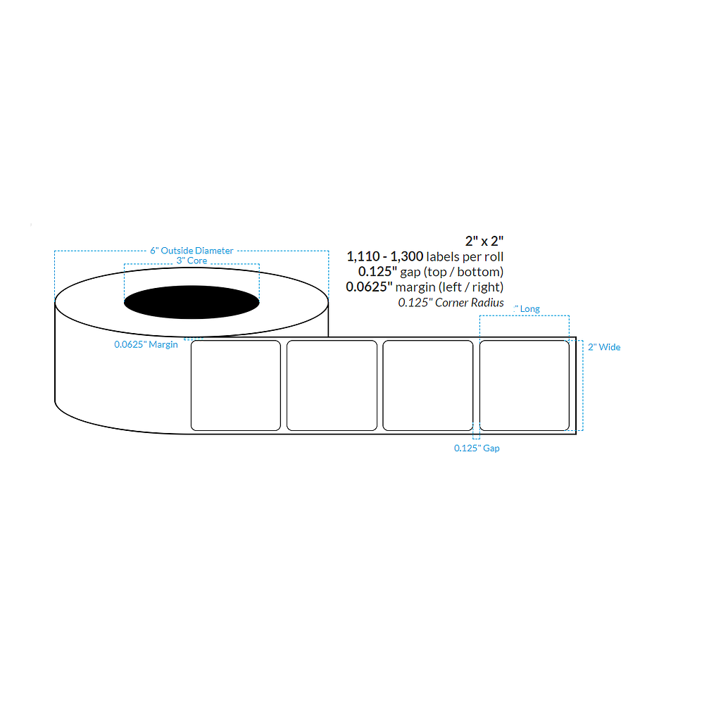 2" x 2" REMOVABLE HIGH GLOSS PAPER {ROUNDED CORNERS} Roll Labels  (3"CORE/6"OD)