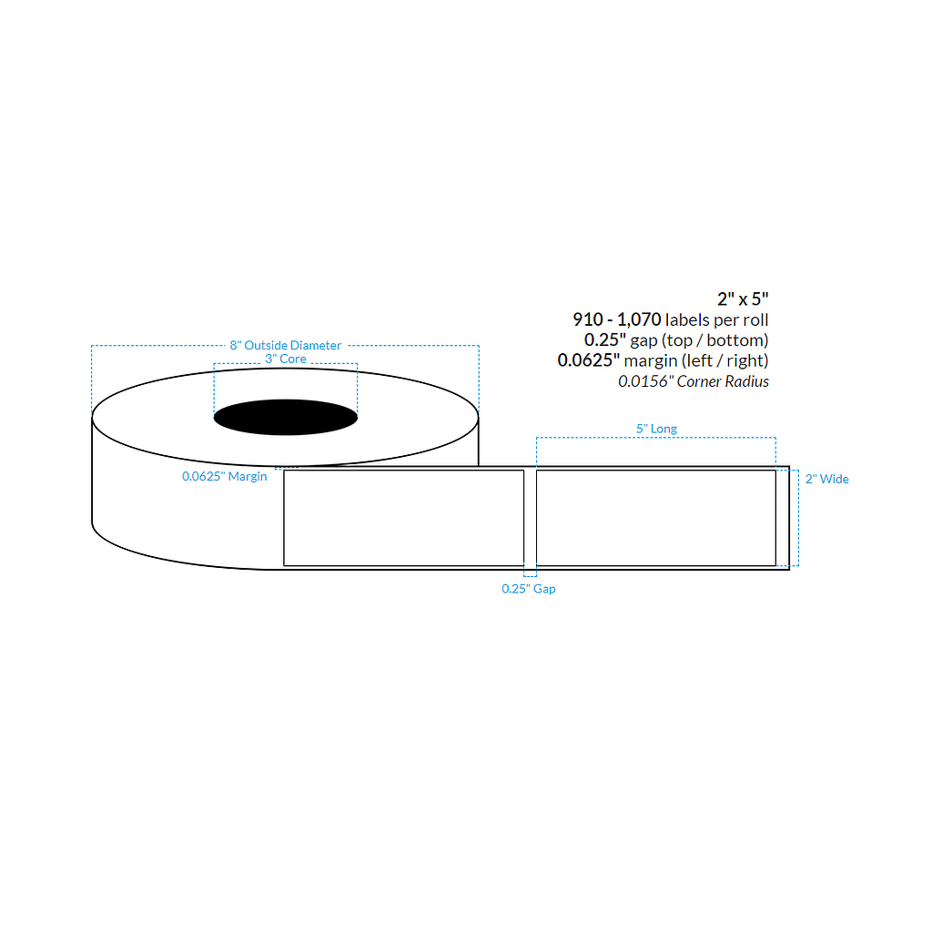 2" x 5"  PREMIUM HIGH GLOSS WHITE Polypropylene BOPP {SQUARE CORNERS} Roll Labels  (3"CORE/8"OD)