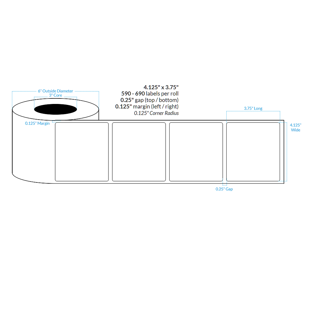 4.125" X 3.75" PREMIUM HIGH GLOSS WHITE Polypropylene BOPP {ROUNDED CORNERS} Roll Labels  (3"CORE/6"OD)