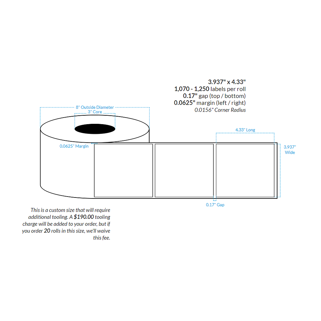 3.937" x 4.33" MATTE WHITE Polypropylene BOPP {SQUARE CORNERS} Roll Labels  (3"CORE/8"OD)