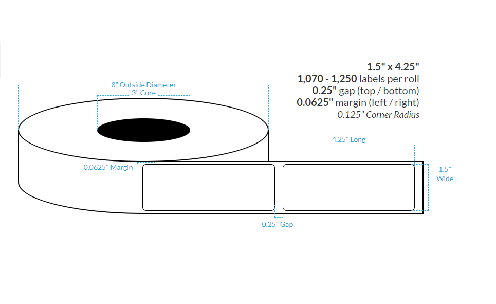 1.5" x 4.25"  MATTE KIMDURA {ROUNDED CORNERS} Roll Labels (3"CORE/8"OD)