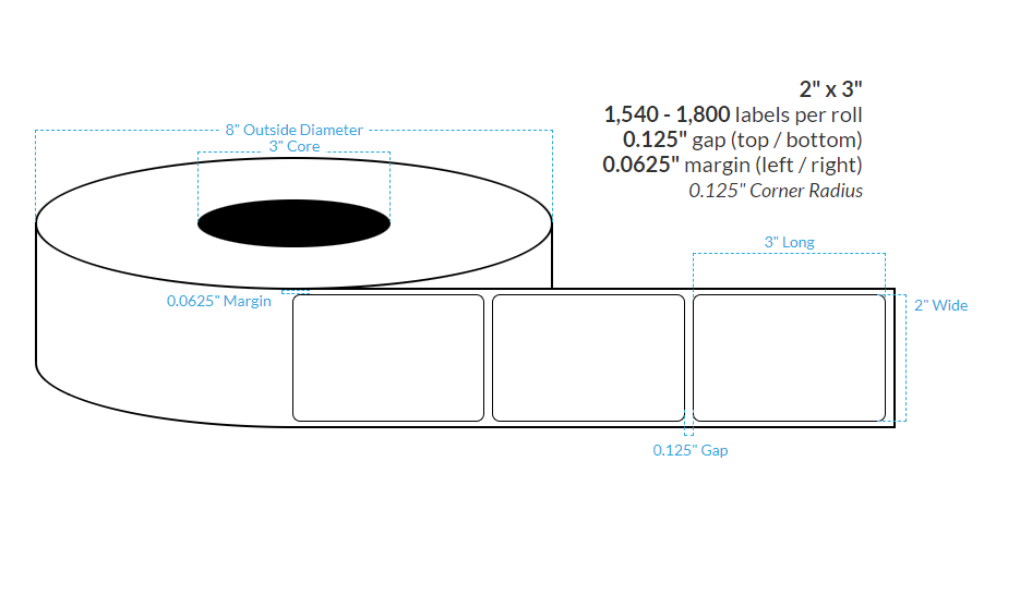 2" x 3"  MATTE WHITE Polypropylene BOPP {SQUARE} Roll Labels  (3"CORE/8"OD)