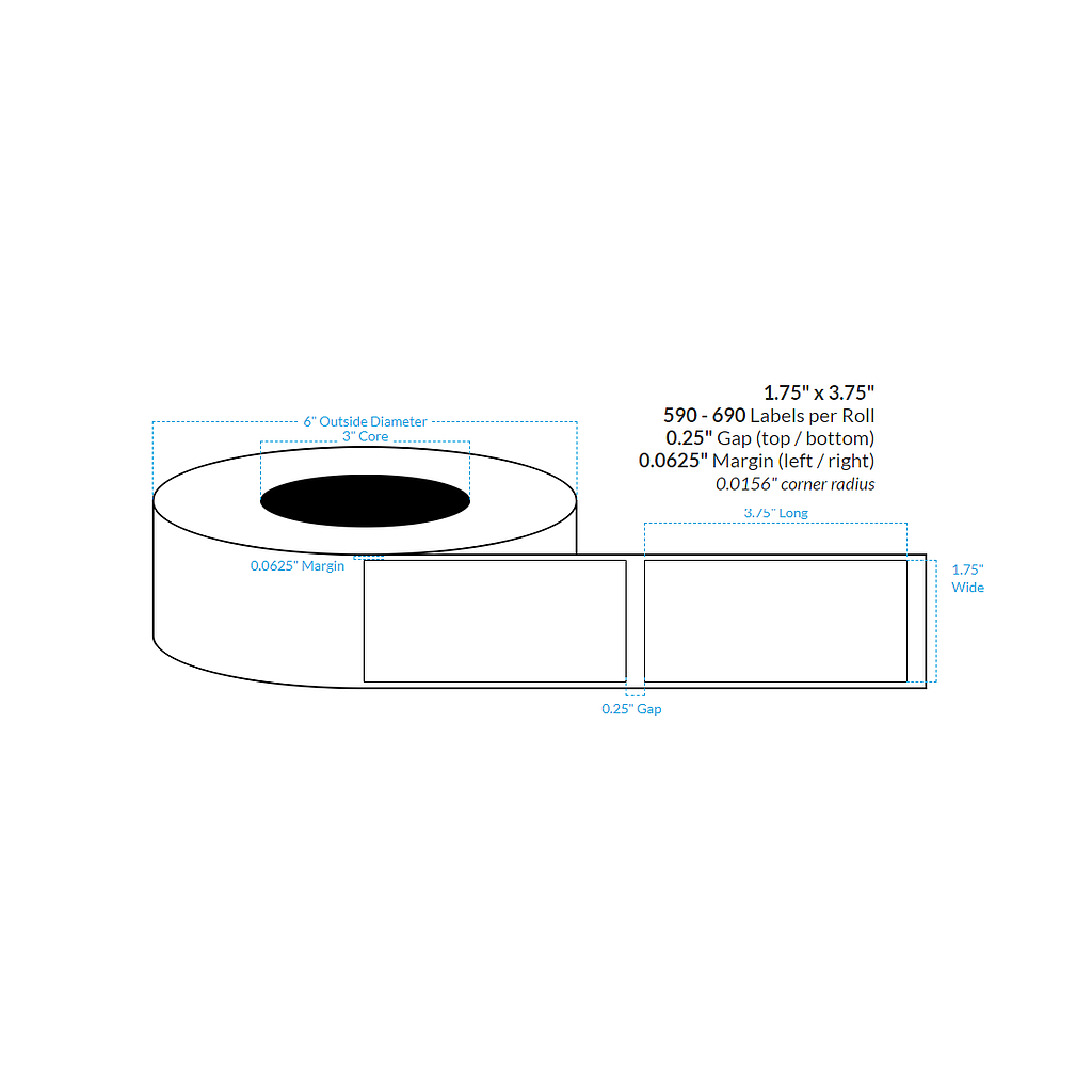 1.75" x 3.75" MATTE WHITE Polypropylene BOPP {RECTANGLE} Roll Labels  (3"CORE/6"OD)