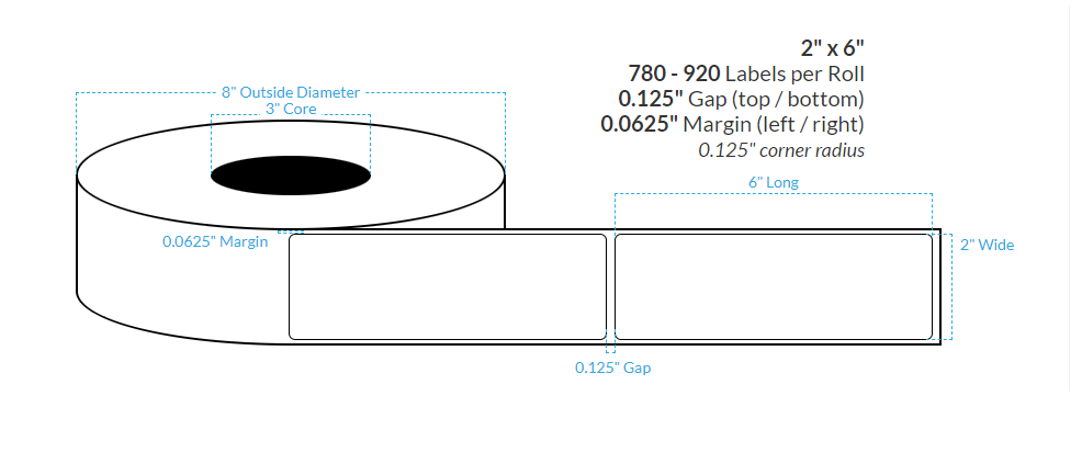 2" x 6" MATTE WHITE Polypropylene  BOPP {ROUNDED CORNERS} Roll Labels (3"CORE/8"OD)