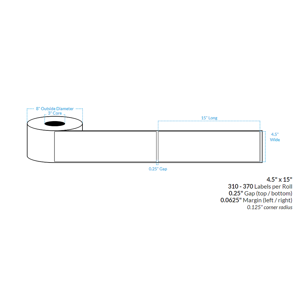 4.5" x 15"  HIGH GLOSS WHITE Polypropylene BOPP {ROUNDED CORNERS} Roll Labels (3"CORE/8"OD)