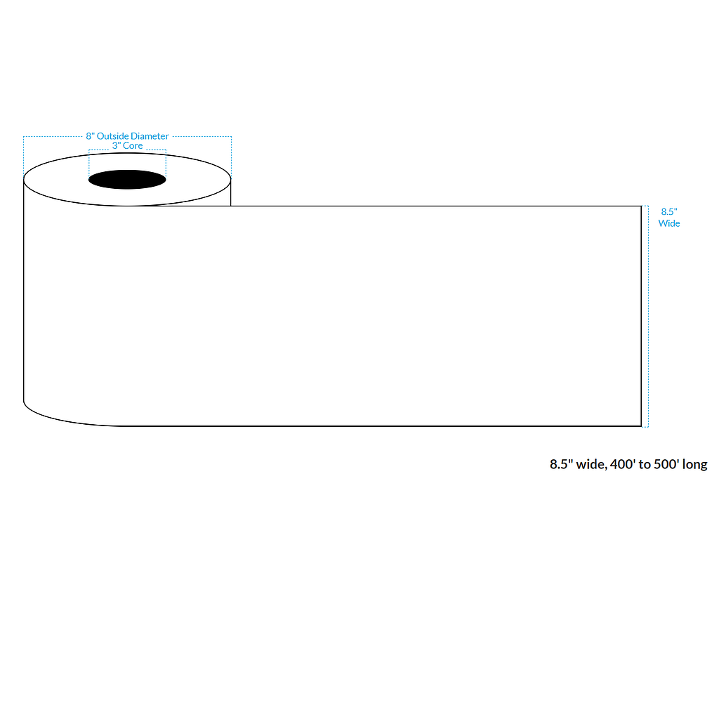 8.5" x 500' HIGH GLOSS WHITE Polypropylene BOPP {CONTINUOUS} Roll Labels  (3"CORE/8"OD)