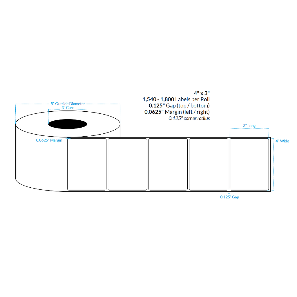 4" X 3" INKJET CLEAR Polypropylene BOPP {ROUNDED CORNERS} Roll Labels  (3"CORE/8"OD)