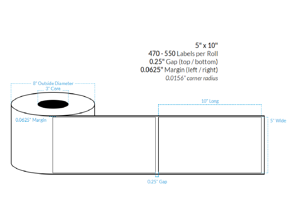 5" X 10" HIGH GLOSS WHITE Polypropylene BOPP {SQUARE CORNERS} Roll Labels  (3"CORE/8"OD)