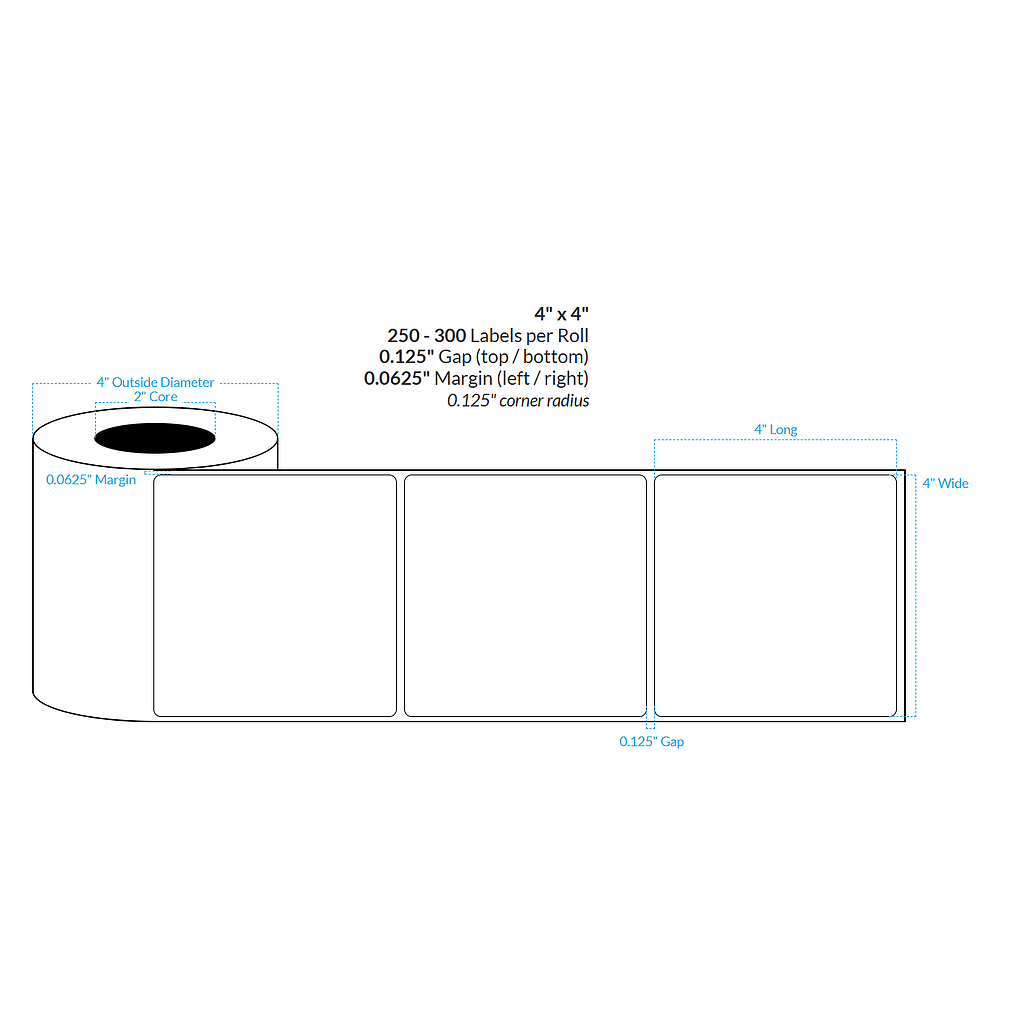 4" x 4" MATTE WHITE Polypropylene BOPP {ROUNDED CORNERS} Roll Labels (2"CORE/4"OD)