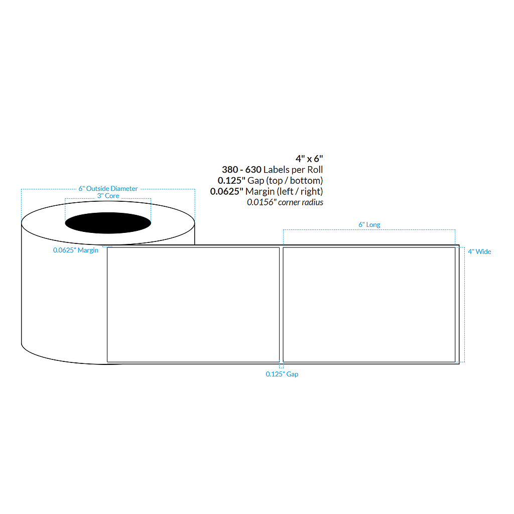 4" X 6" MATTE WHITE PAPER {SQUARE} Roll Labels  (3"CORE/6"OD)