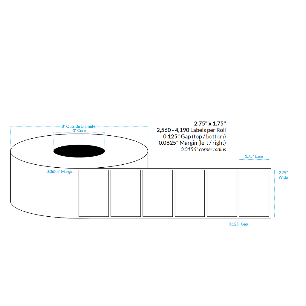 2.75" x 1.75" MATTE WHITE Polypropylene BOPP {SQUARE CORNERS} Roll Labels (3"CORE/8"OD)