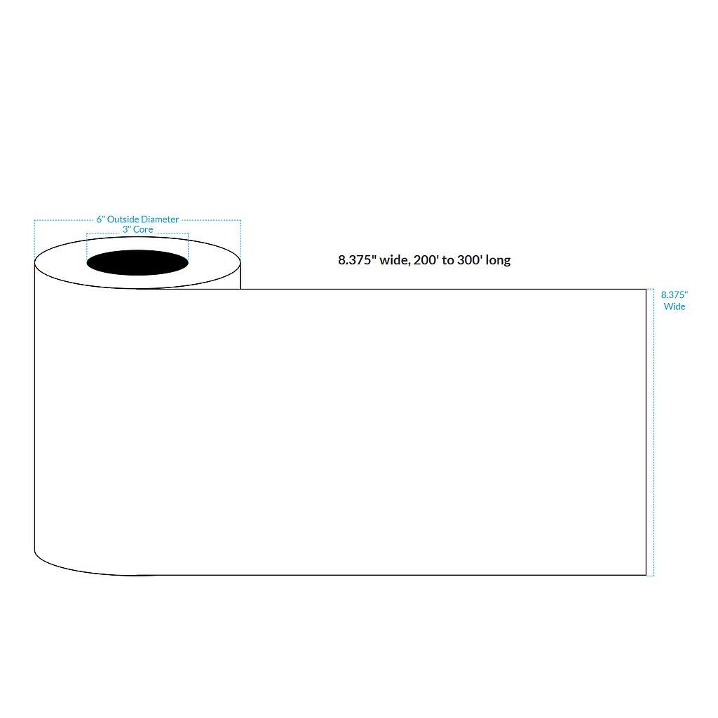 8.375" X 250' HIGH GLOSS WHITE Polypropylene BOPP {CONTINUOUS} Roll Labels  (3"CORE/6"OD)