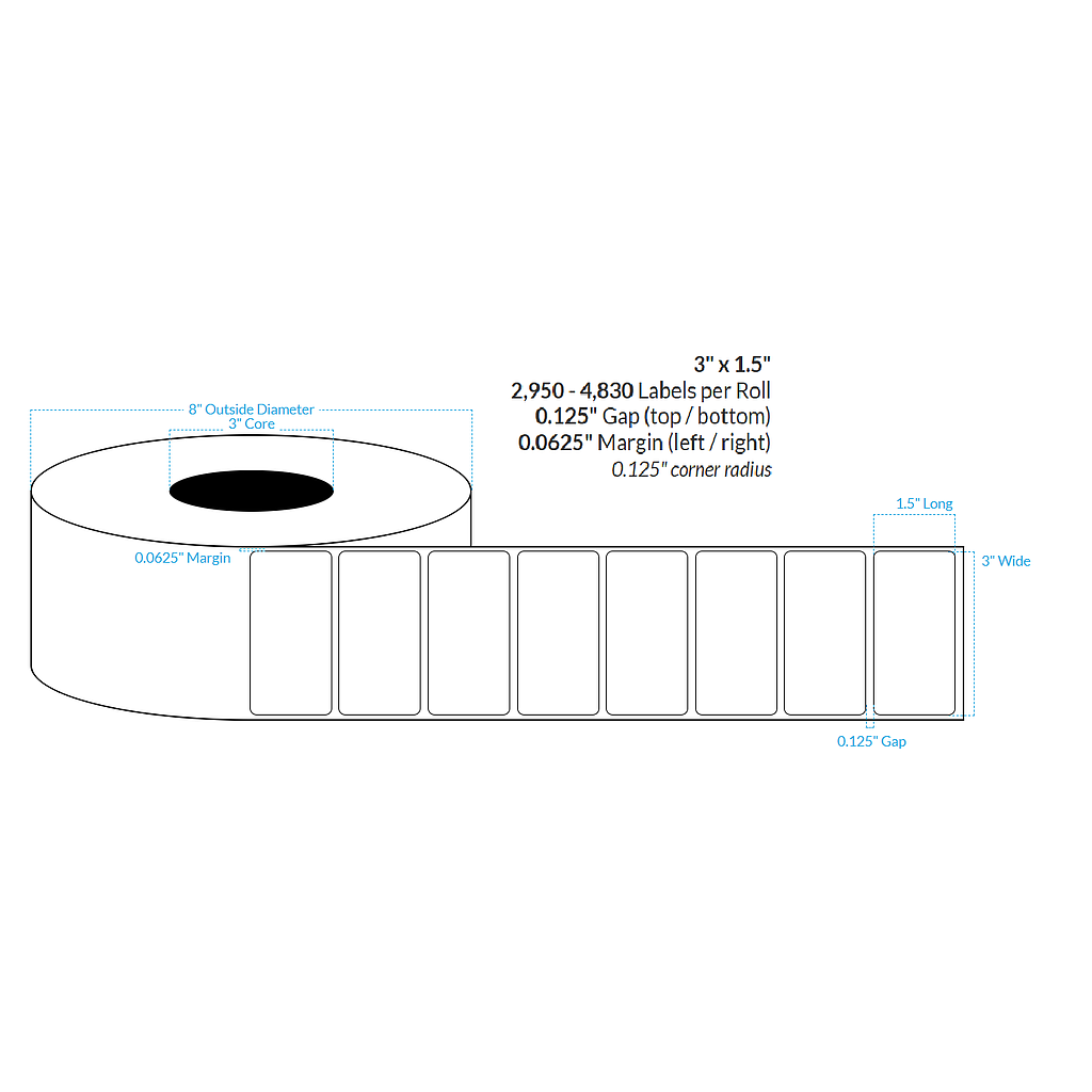 3" x 1.5"  MATTE WHITE Polypropylene BOPP {ROUNDED CORNERS} Roll Labels  (3"CORE/8"OD)