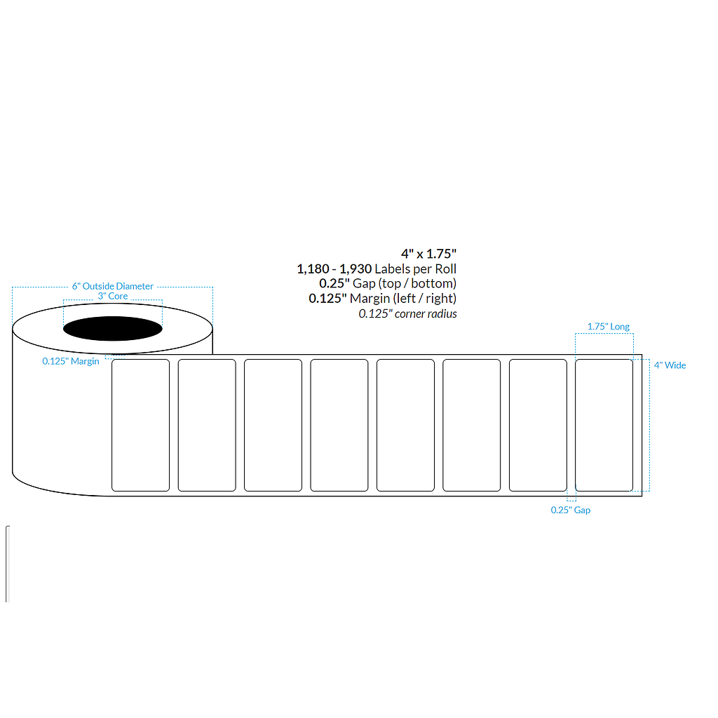 4" X 1.75" HIGH GLOSS WHITE Polypropylene (BOPP) {ROUNDED CORNERS} Roll Labels  (3"CORE/6"OD)