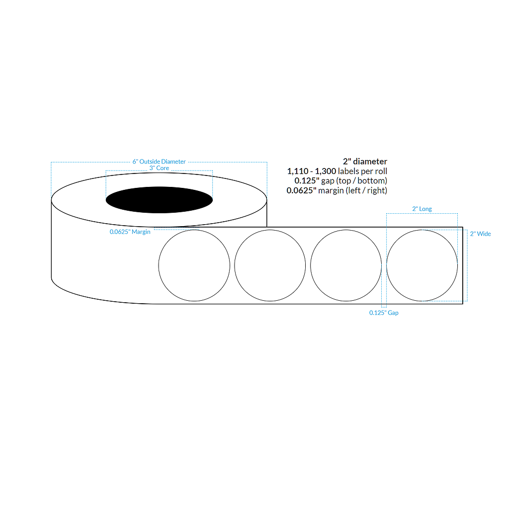 2" HIGH GLOSS WHITE Polypropylene BOPP {CIRCLE} Roll Labels (3"CORE/6"OD)