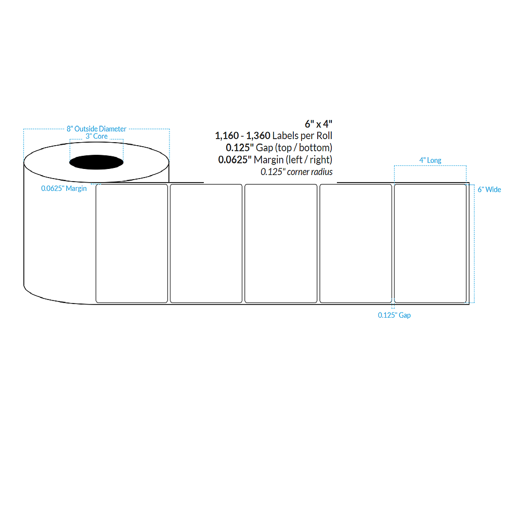 6" X 4" REMOVABLE HIGH GLOSS WHITE Polypropylene BOPP {SQUARE CORNERS} Roll Labels  (3"CORE/8"OD)