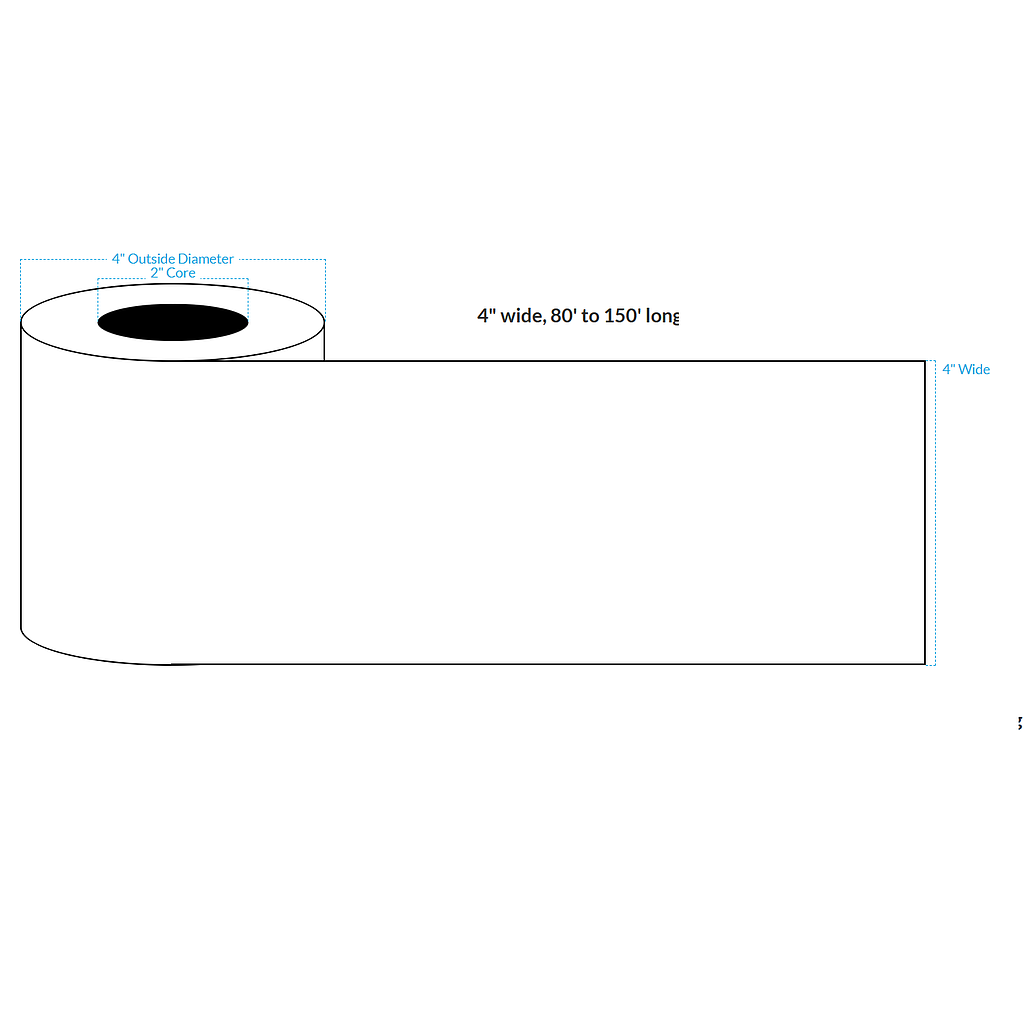 4" X 100' HIGH GLOSS WHITE Polypropylene BOPP {CONTINUOUS} Roll Labels  (2"CORE/4"OD)