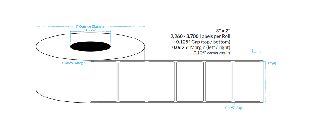 3" x 2" HIGH GLOSS WHITE Polypropylene BOPP {ROUNDED CORNERS}  Roll Labels (3" Core/8" OD)