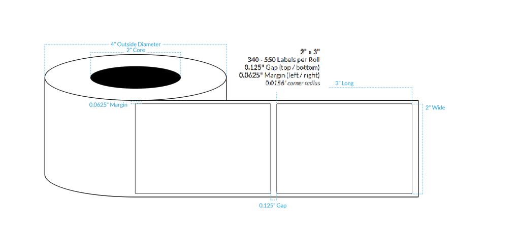 2" x 3" HIGH GLOSS WHITE Polypropylene BOPP {SQAURE COPRNERS} Roll Labels (2"CORE/4"OD)