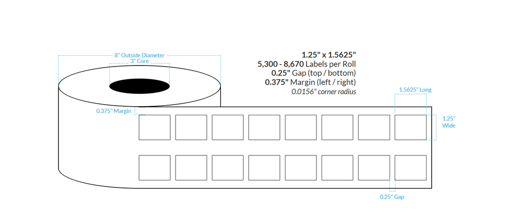 1.25" x 1.5625" 2-ACROSS HIGH GLOSS WHITE Polypropylene BOPP {SQUARE CORNERS} Roll Labels  (3"CORE/8"OD)