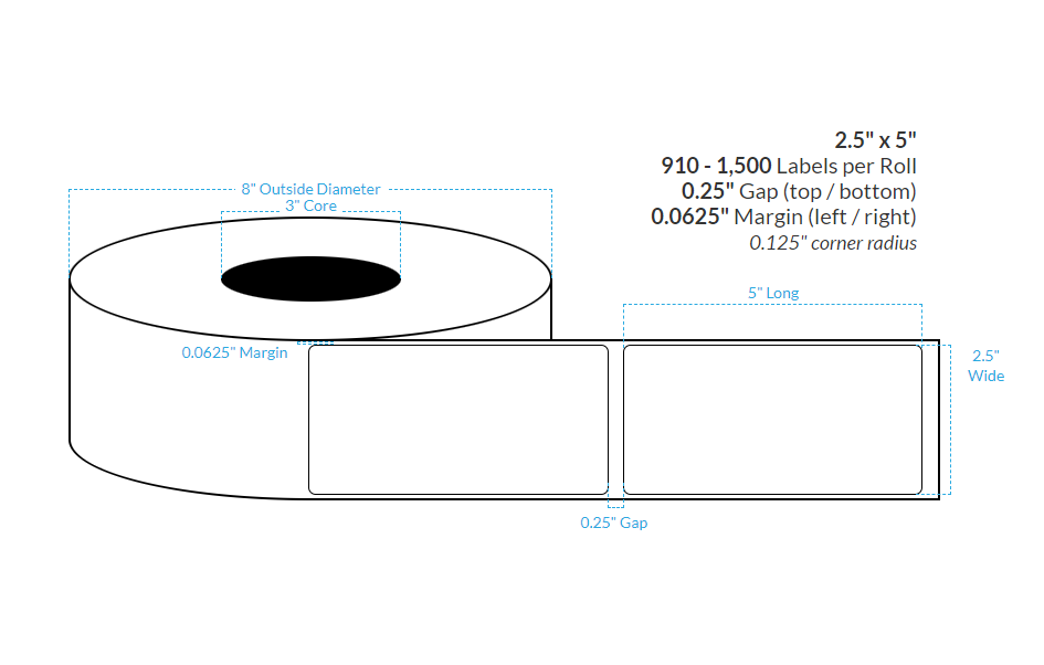 2.5" x 5" HIGH GLOSS WHITE Polypropylene BOPP EXTREME TACK {SQUARE CORNERS} Roll Labels  (3"CORE/8"OD)