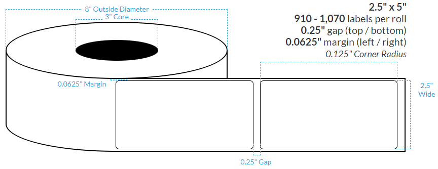 2.5" x 5" MATTE WHITE Polypropylene BOPP EXTREME TACK {SQUARE CORNERS} Roll Labels  (3"CORE/8"OD)