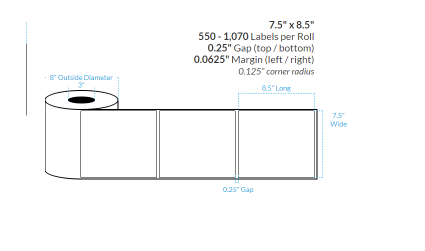 7.5" X 8.5" MATTE WHITE Polypropylene BOPP {ROUNDED CORNERS} Roll Labels  (3"CORE/8"OD)