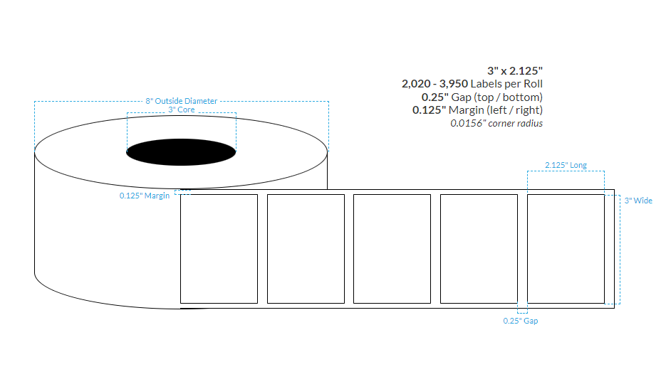 3" x 2.125" HIGH GLOSS WHITE Polypropylene BOPP {SQUARE CORNERS}  Roll Labels (3" Core/8" OD)