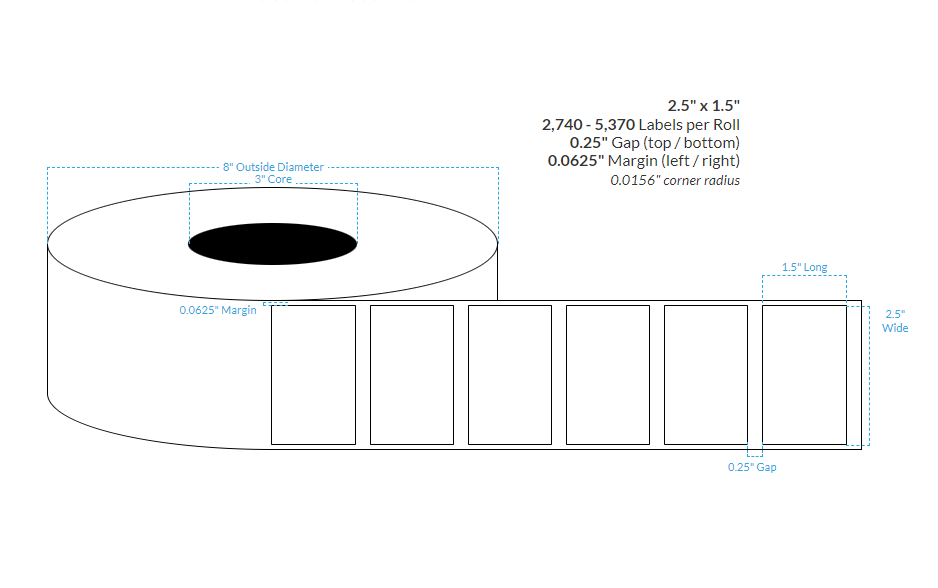 2.5" x 1.5" HIGH GLOSS WHITE Polypropylene BOPP {SQUARE CORNERS} Roll Labels (3" Core/8" OD)