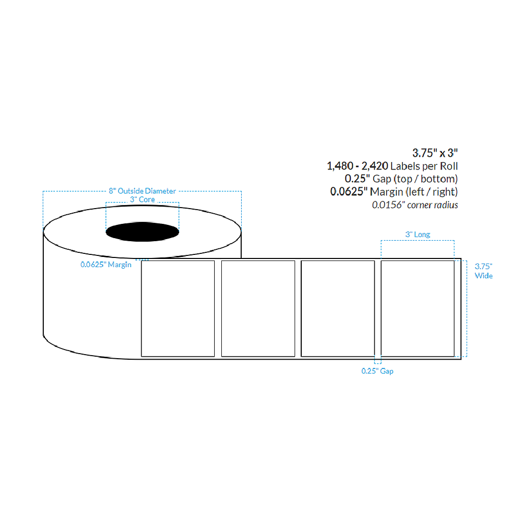 3.75" x 3" HIGH GLOSS WHITE POLPROPYLENE BOPP {SQUARE CORNERS} Roll Labels (3"CORE/8"OD)