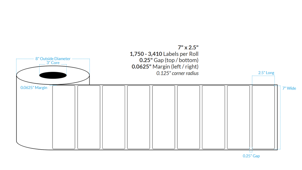 7" x 2.5" HIGH GLOSS WHITE Polypropylene BOPP {ROUNDED CORNERS} Roll Labels  (3"CORE/8"OD)