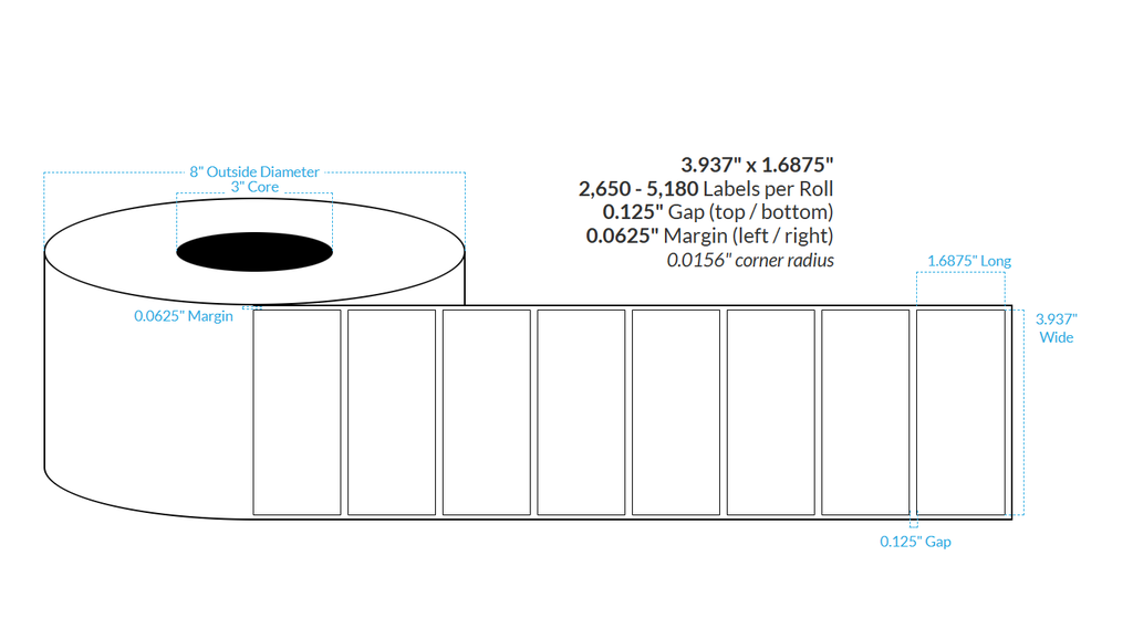 3.937" x 1.6875" SATIN Polypropylene BOPP {SQUARE CORNERS} Roll Labels  (3"CORE/8"OD)