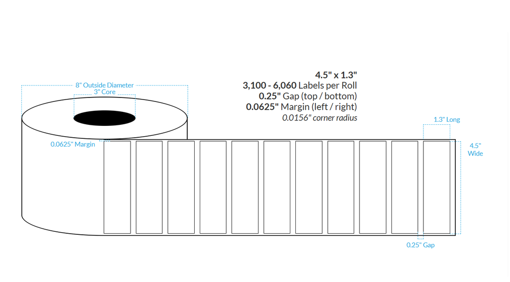 4.5" x 1.3" SATIN Polypropylene BOPP {SQUARE CORNERS} Roll Labels  (3"CORE/8"OD)