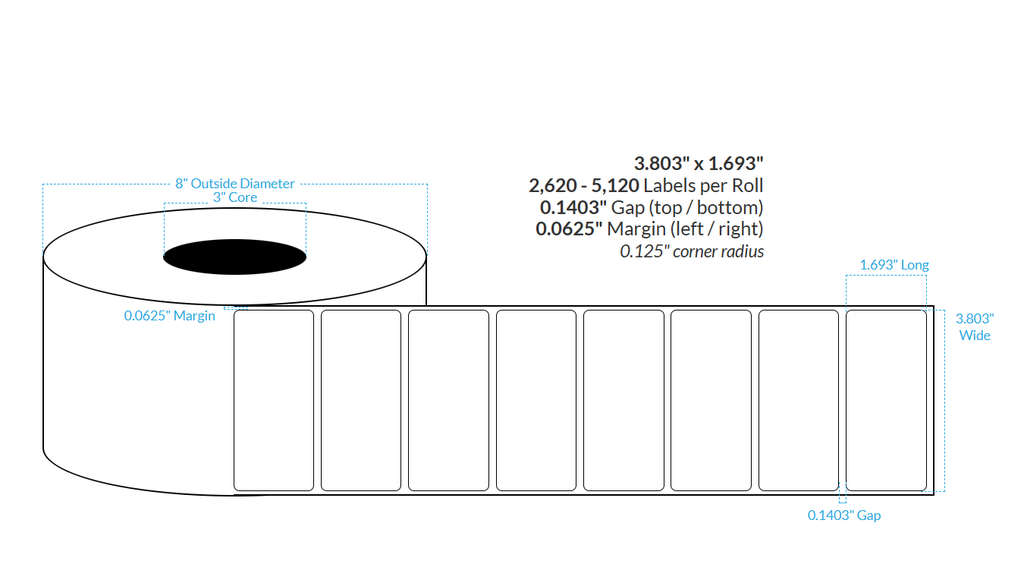 3.803" x 1.693" SATIN Polypropylene BOPP {ROUNDED CORNERS} Roll Labels (3"CORE/8"OD)