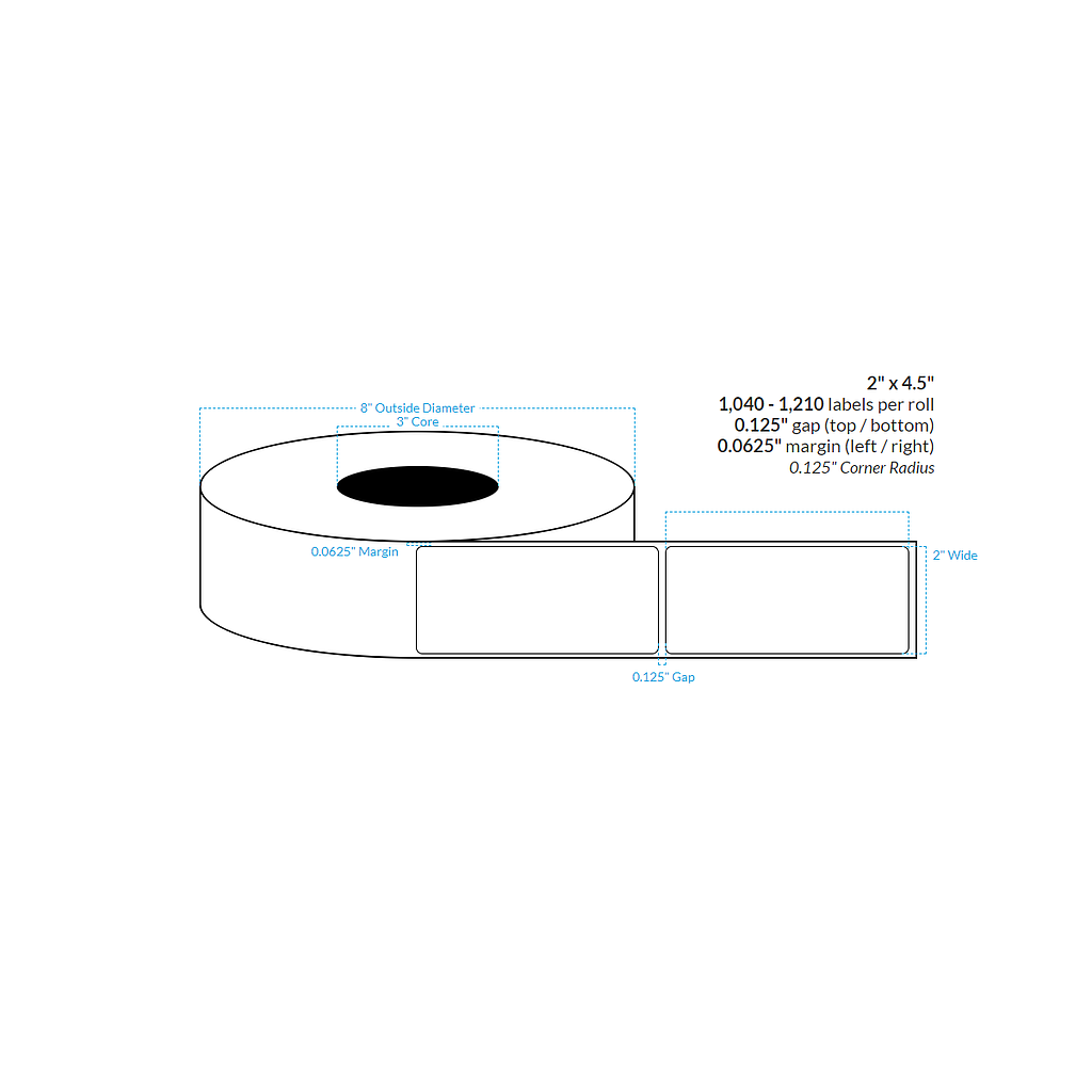 2" x 4.5" SATIN Polypropylene BOPP {ROUNDED CORNERS} Roll Labels  (3"CORE/8"OD)