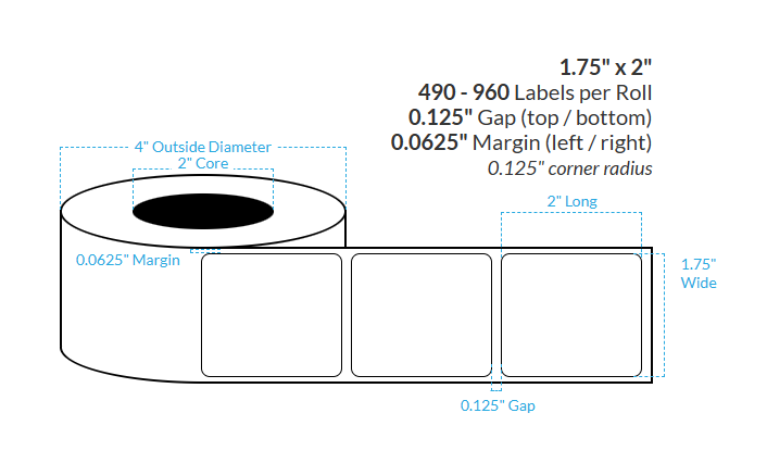 1.75" x 2" SILVER Polypropylene BOPP {ROUNDED CORNERS} Roll Labels (2"CORE/4"OD)