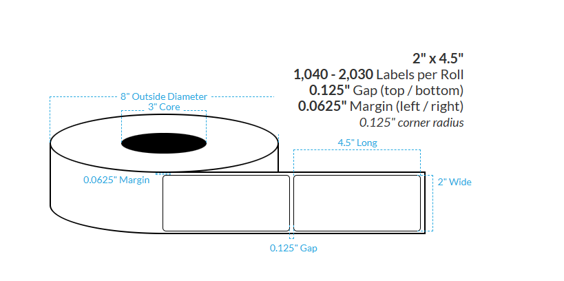 2" x 4.5" MATTE WHITE PAPER {ROUNDED CORNERS} Roll Labels  (3"CORE/8"OD)