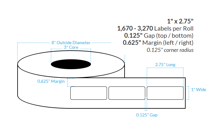 1" X 2.75" MATTE Polypropylene BOPP {ROUNDED CORNERS} Roll Labels  (3"CORE/8"OD)