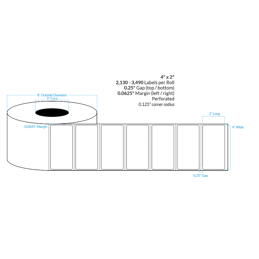 4" x 2.75" MATTE WHITE Polypropylene BOPP {ROUNDED CORNERS} Roll Labels (3"CORE/8"OD)