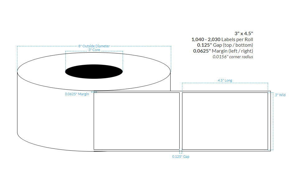 3" x 4.5" HIGH GLOSS PAPER {SQUARE CORNERS} Roll Labels (3"CORE/8"OD)